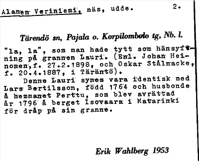 Bild på arkivkortet för arkivposten Alanen Veriniemi