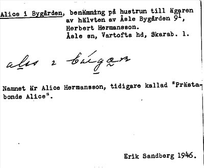 Bild på arkivkortet för arkivposten Alice i Bygården
