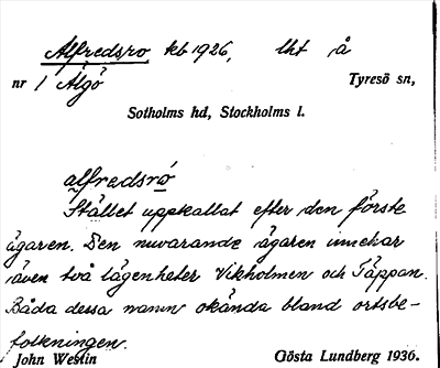 Bild på arkivkortet för arkivposten Alfredsro