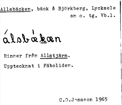 Bild på arkivkortet för arkivposten Allsbäcken