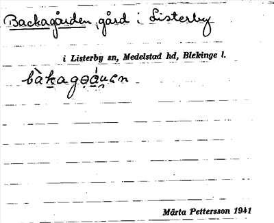 Bild på arkivkortet för arkivposten Backagården