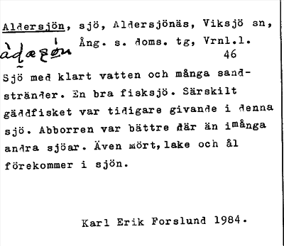 Bild på arkivkortet för arkivposten Aldersjön