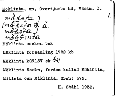 Bild på arkivkortet för arkivposten Möklinta