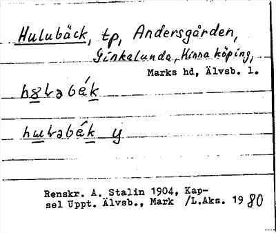 Bild på arkivkortet för arkivposten Hulubäck