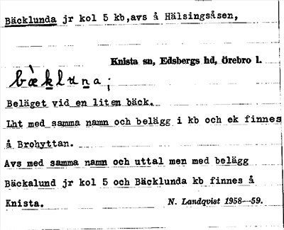 Bild på arkivkortet för arkivposten Bäcklunda
