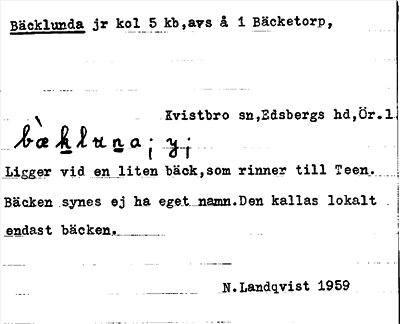Bild på arkivkortet för arkivposten Bäcklunda