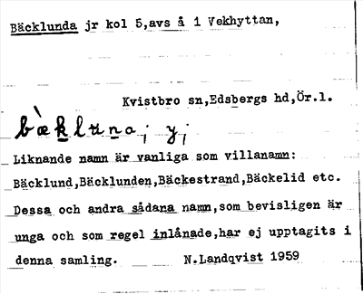 Bild på arkivkortet för arkivposten Bäcklunda