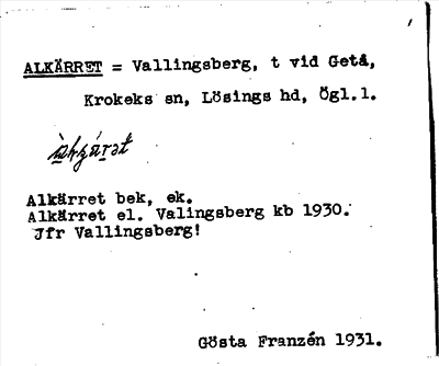 Bild på arkivkortet för arkivposten Alkärret = Vallingsberg