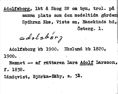 Bild på arkivkortet för arkivposten Adolfsborg