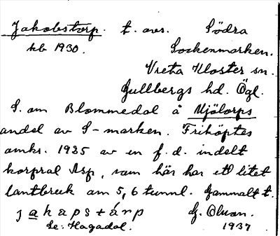 Bild på arkivkortet för arkivposten Jakobstorp