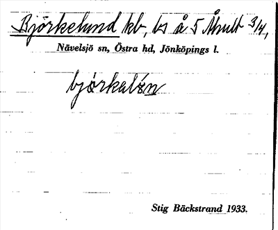 Bild på arkivkortet för arkivposten Björkelund